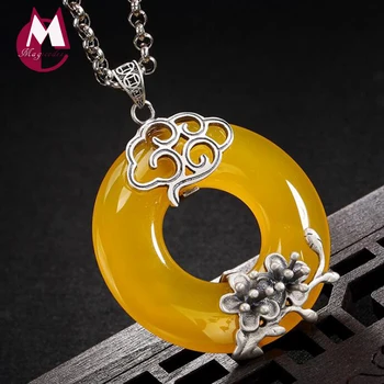 

2019 Inlaid natural stones Chalcedony Plum blossom Pendant 100% Real 925 Sterling Silver Women Necklace pendants Jewelry P013