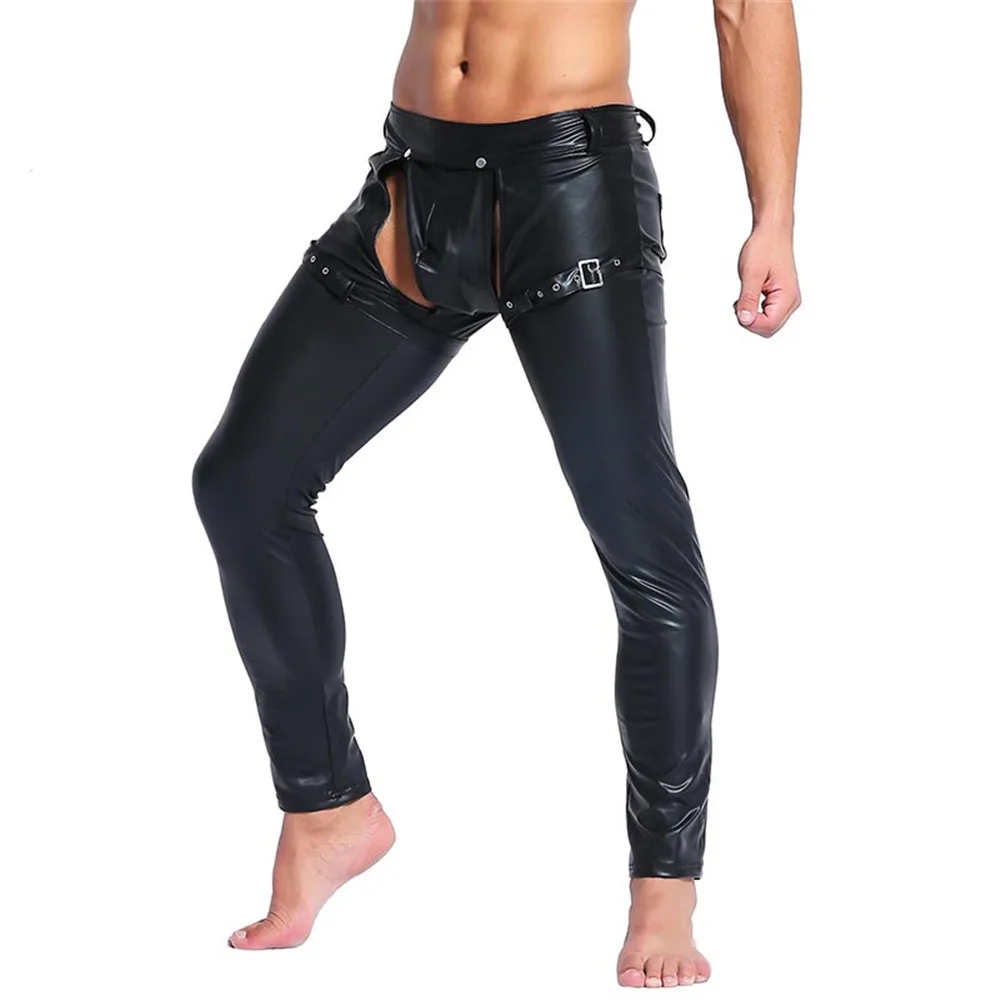 Gothic Men Skinny Vinyl Leather Pants Erotic Nightclub Stage Performance Open Crotch Trousers Gay Fetish Crotchless Club Pants (2)