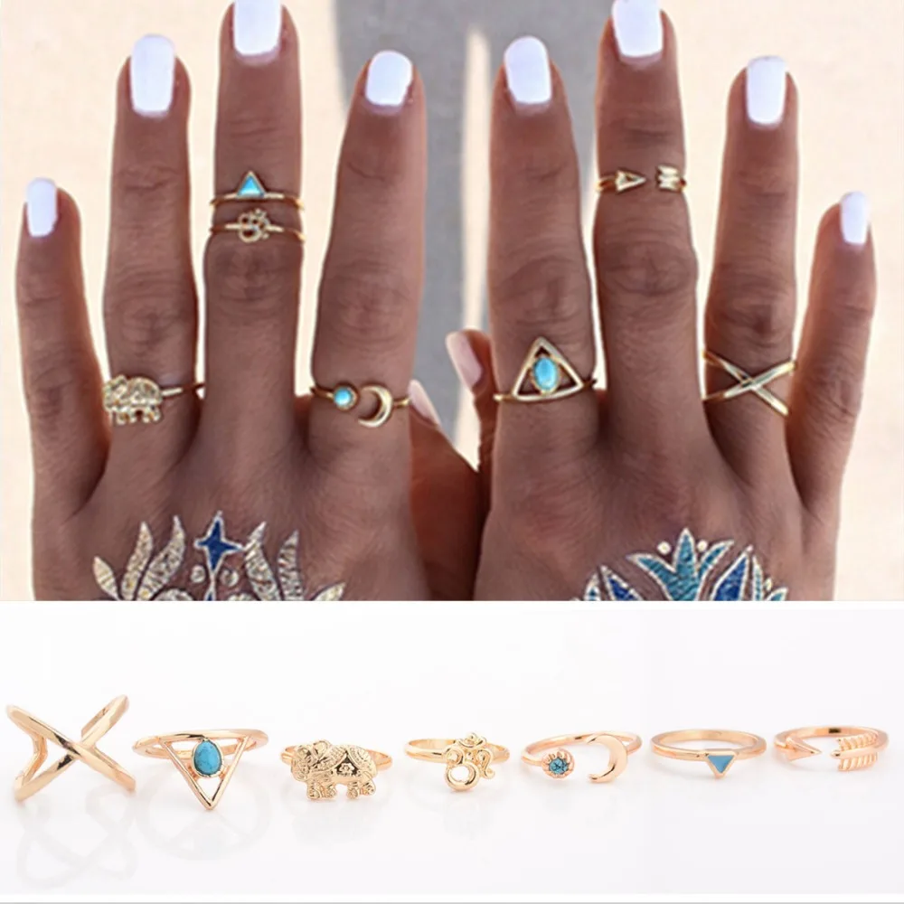 7PCS/LOT Brand Natural Stone Bohemian Midi Ring Set Vintage Steampunk Cross Moon Anillos Ring Knuckle Rings for Women Anel 2016