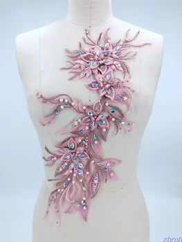 

handmade pink Hot drilling Rhinestone beaded lace embroidery patch applique wedding dress bordados DIY Performance clothing