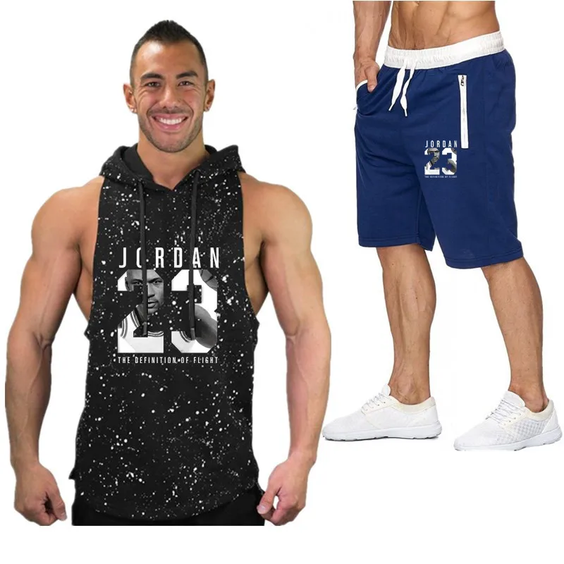 

Summer new men's fashion two-piece T-shirt + sports training shorts suit men's hooded T-shirt hooded high-quality men's clothing