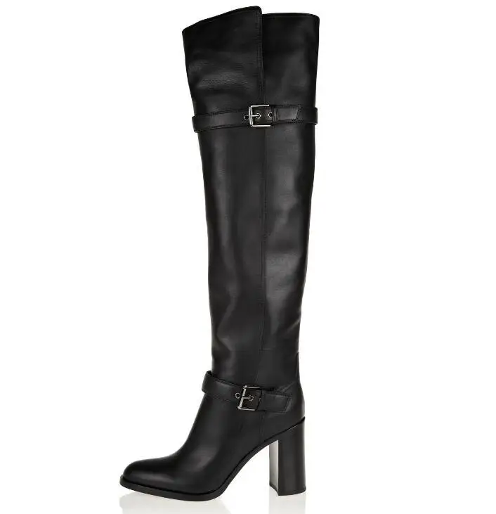 

2018 Autumn Winter Newest Black Leather High Heel Boots Round Toe Thick Heels Woman Long Boots Buckle Strap Over the Knee Boots