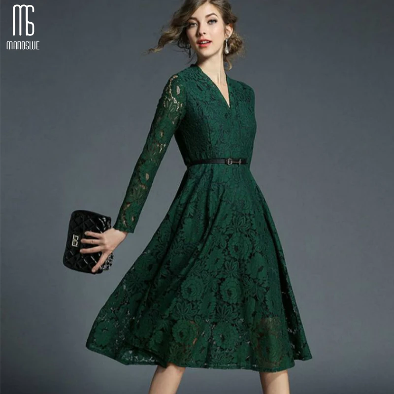 

V Neck Long Sleeves Elegant Green Lace Dress Women Slim Solid Fashionable 2019 Spring New