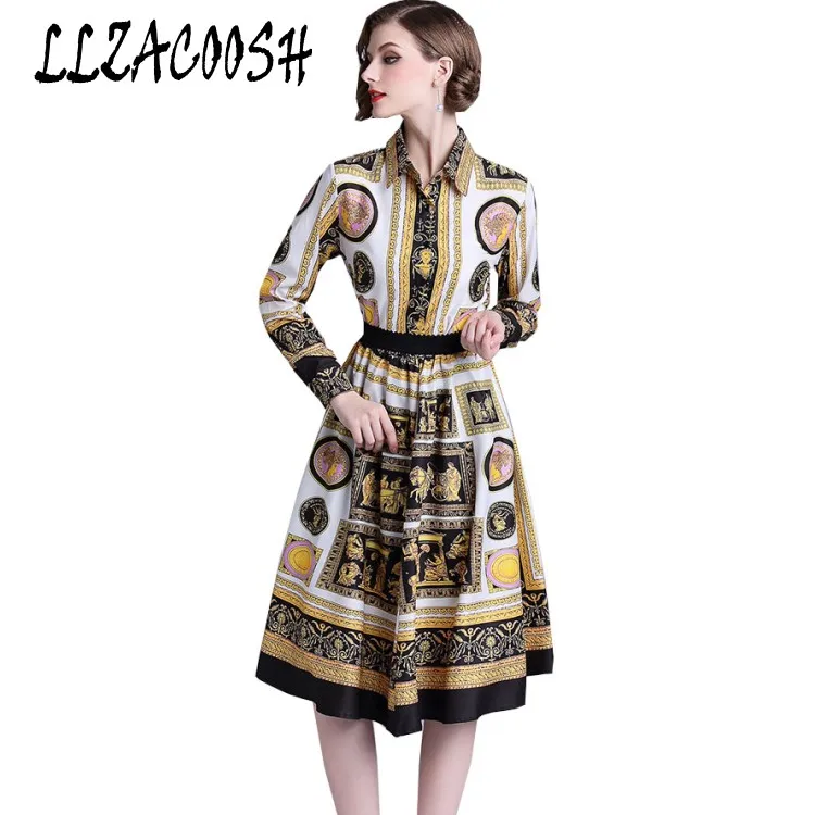 

Vintage Autumn Women 2 Piece Set 2018 Runway long Sleeve Printed Turn down collar Blouse tops + High Waist Skirt Suits