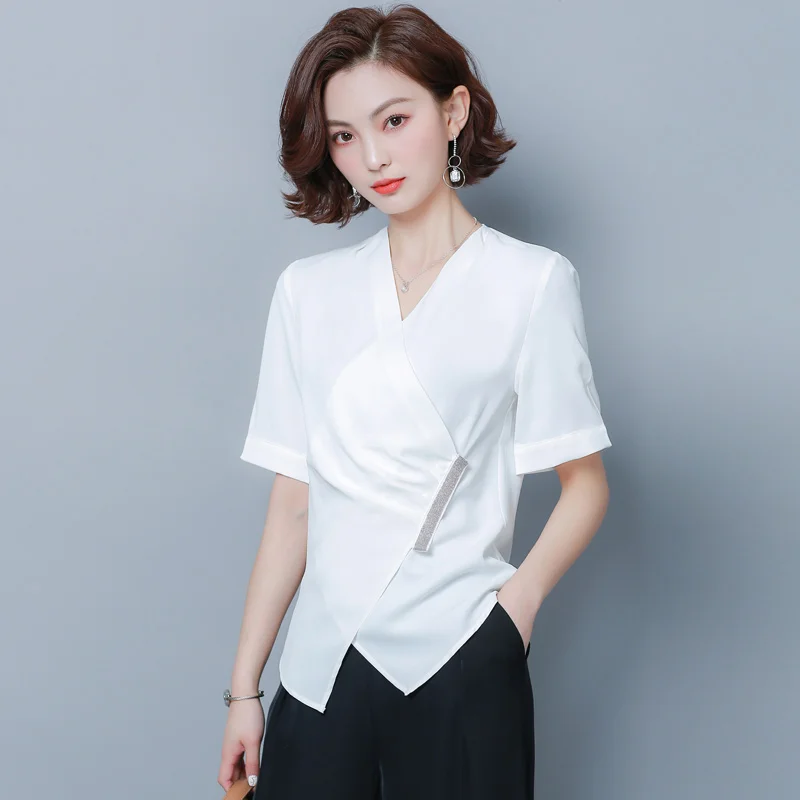 

Korean Fashion Chiffon Women Blouses Solid Diamonds Short Sleeve White Women Shirts Plus Size XXXL Womens Tops and Blouses