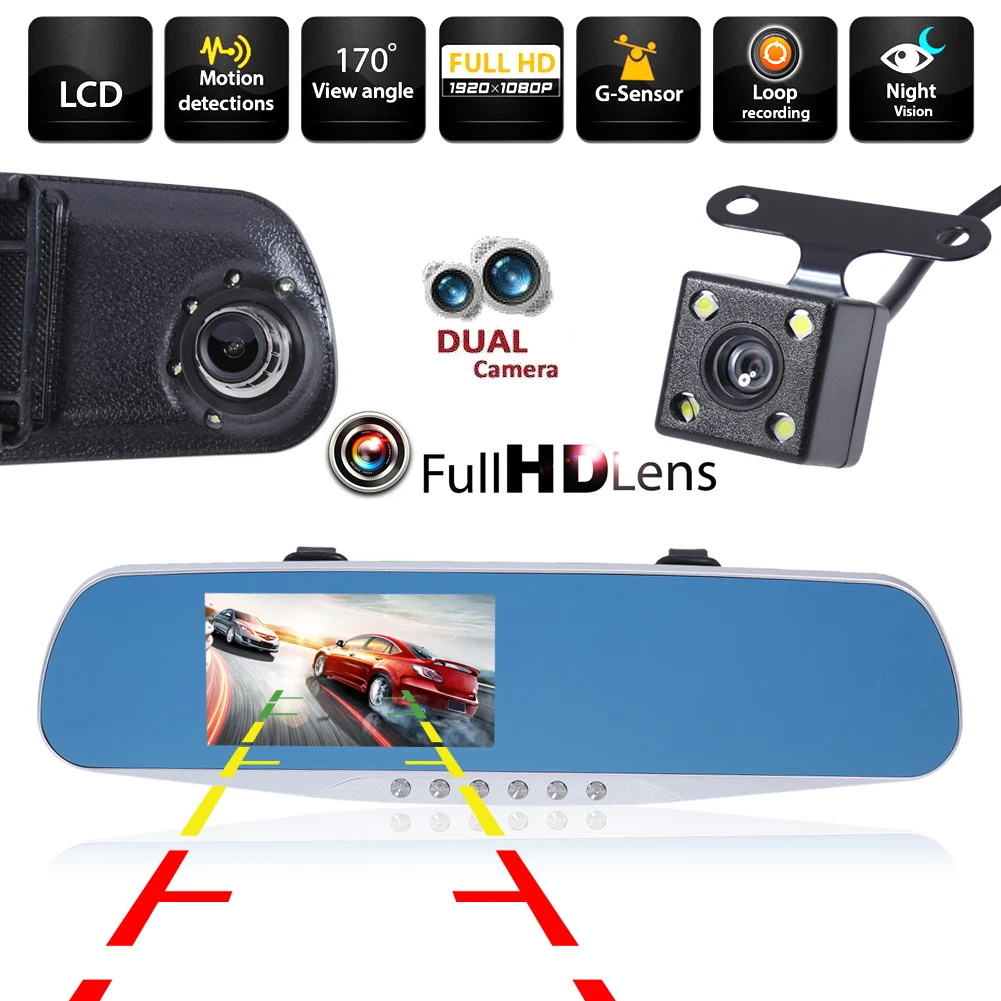 4,3 ''2 lentes Dash Cam Full HD 1080P visión nocturna coche DVR Detector Cámara revisión espejo DVR grabadora de vídeo Digital Auto videocámara - 1