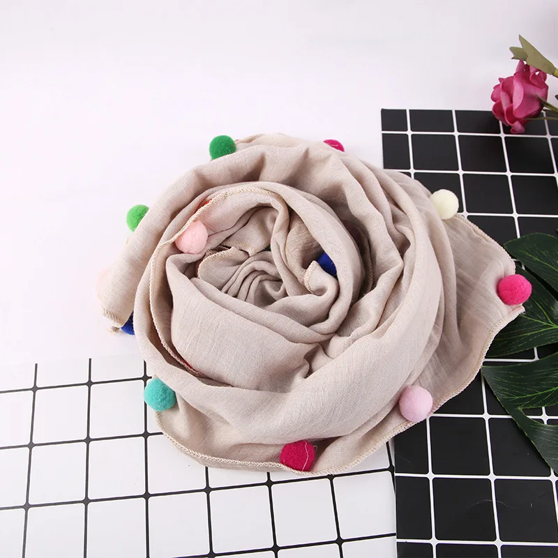 

Spring&Autumn Long Scarf For Child Kids Solid Color With Pom Pom Balls Neckchief Cotton Soft Shawls Stylish Hijab Drop Shipping