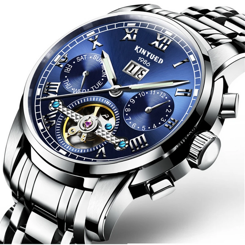 Luxury Swiss Brand Watches KINYUED Men Automatic Mechanical Watch Steel Bracelet Skeleton Flying Design J014