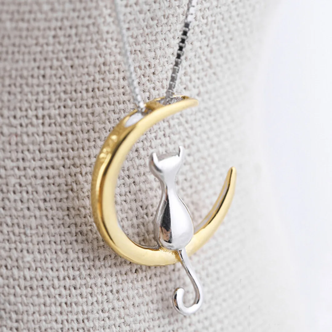 Fashion Cat Moon Pendant Necklace Charm Silver Gold Color Link Chain Necklace For Pet Lucky Jewelry For Women Gift Shellhard