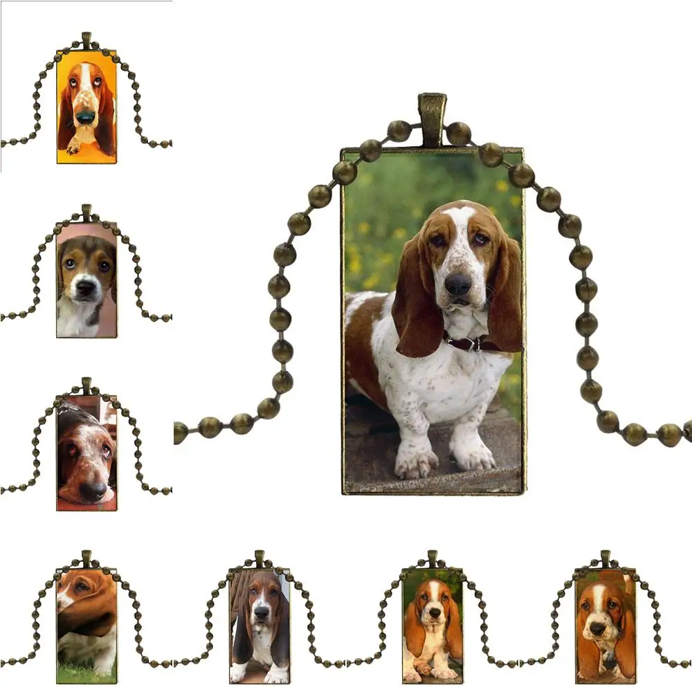 

EJ Glaze Glass Cabochon Choker Pendant Rectangle Necklace Bronze Color Jewelry For Women Kids Gift Basset Hound Dog Puppies