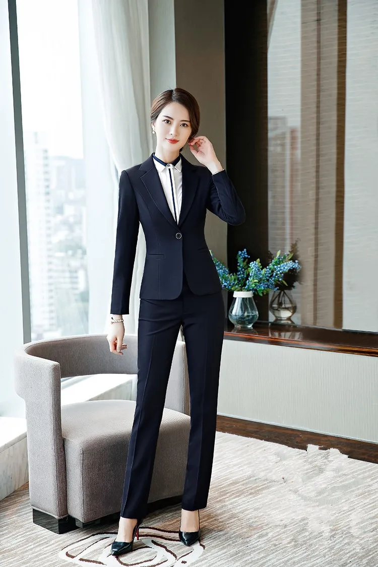 Элегантный офис леди бизнес костюмы для женщин 2 из двух частей наборы ухода за кожей женский Блейзер Куртка и прямые брюки Д