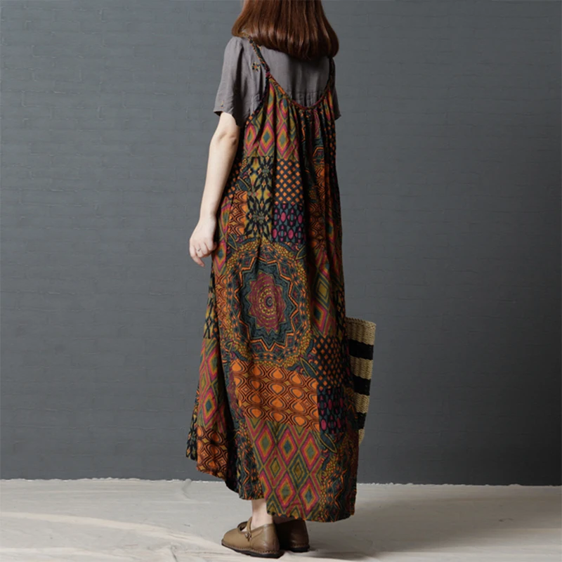 Летнее женское платье на бретелях без рукавов в богемном стиле с цветочным принтом, повседневное свободное платье из хлопка и льна, винтажное длинное платье-комбинезон