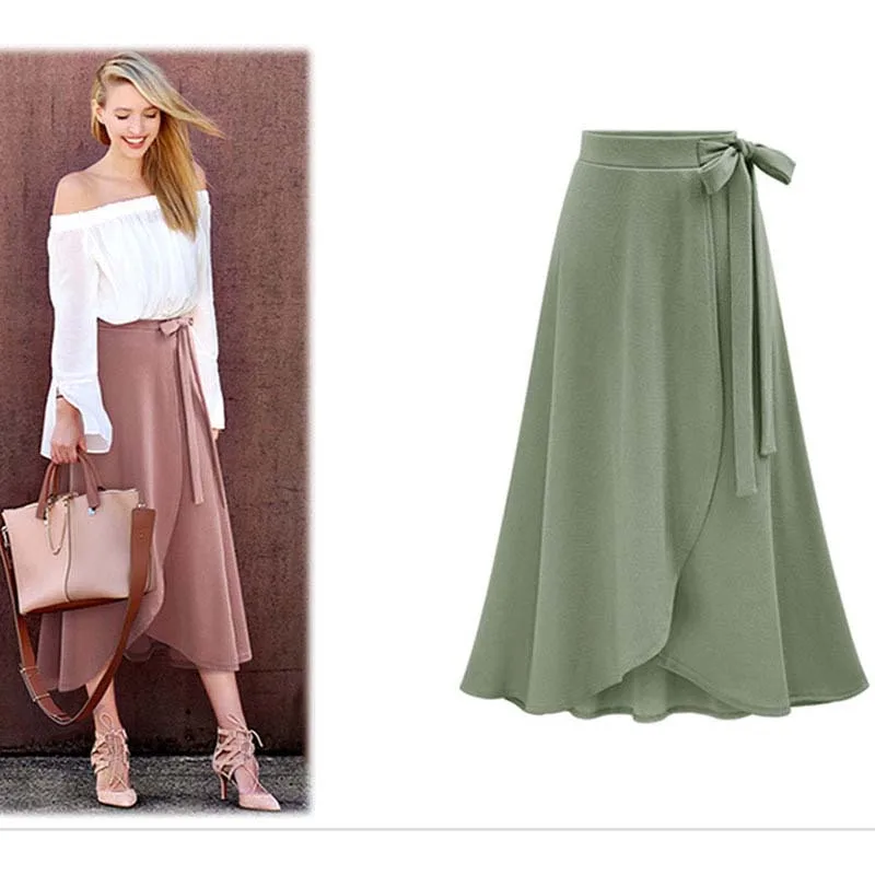 NEEDBO, макси юбки для женщин, длинная, с рюшами, нестандартная, Женская юбка, Размер 6xl, юбка средней длины размера плюс, с бантом, раздельная длинная юбка из шифона - Цвет: ArmyGreen