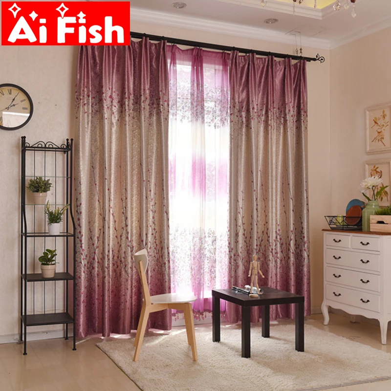 

Gradient Change Rustic Plum Blossom Polyester Shade Curtain Fabric For Bedroom Living Room Bronzing Print Shade Cloth MY024-30