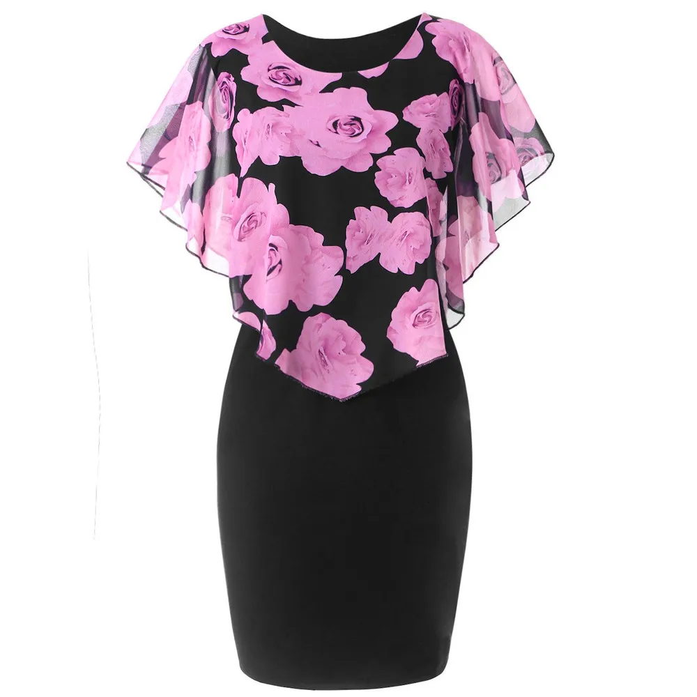 

Fashion elegant Womens soft Casual Plus Size Rose Print Chiffon O-Neck Ruffles Mini comfortable Dress lovely Rose Print