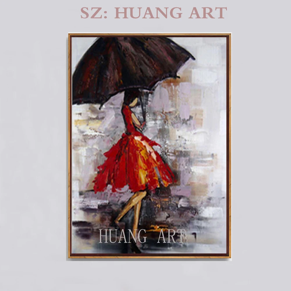 Us 385 50 Offclose Shot An Umbrella In The Rain Wall Painting Oil Painting Beautiful Girl Dressed In Red Skirt Decorates Porch Corridor By Ha In