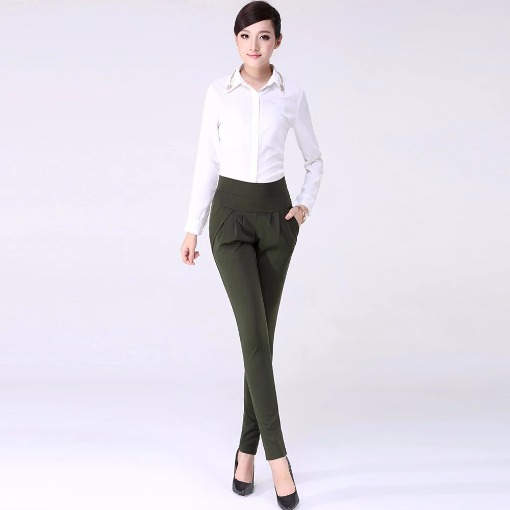 New Plus Size Women High Waist Pants Loose Stretch Harem Pants Female Casual Long Trousers Classic Pleated Pocket Office Pants Pants