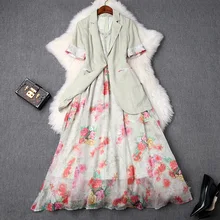 Dress Suit Women 2019 Spring Summer New None Button Long Blazer + Lace Patchwork Beading Printed V-Neck Tank Dress Two Piece Set