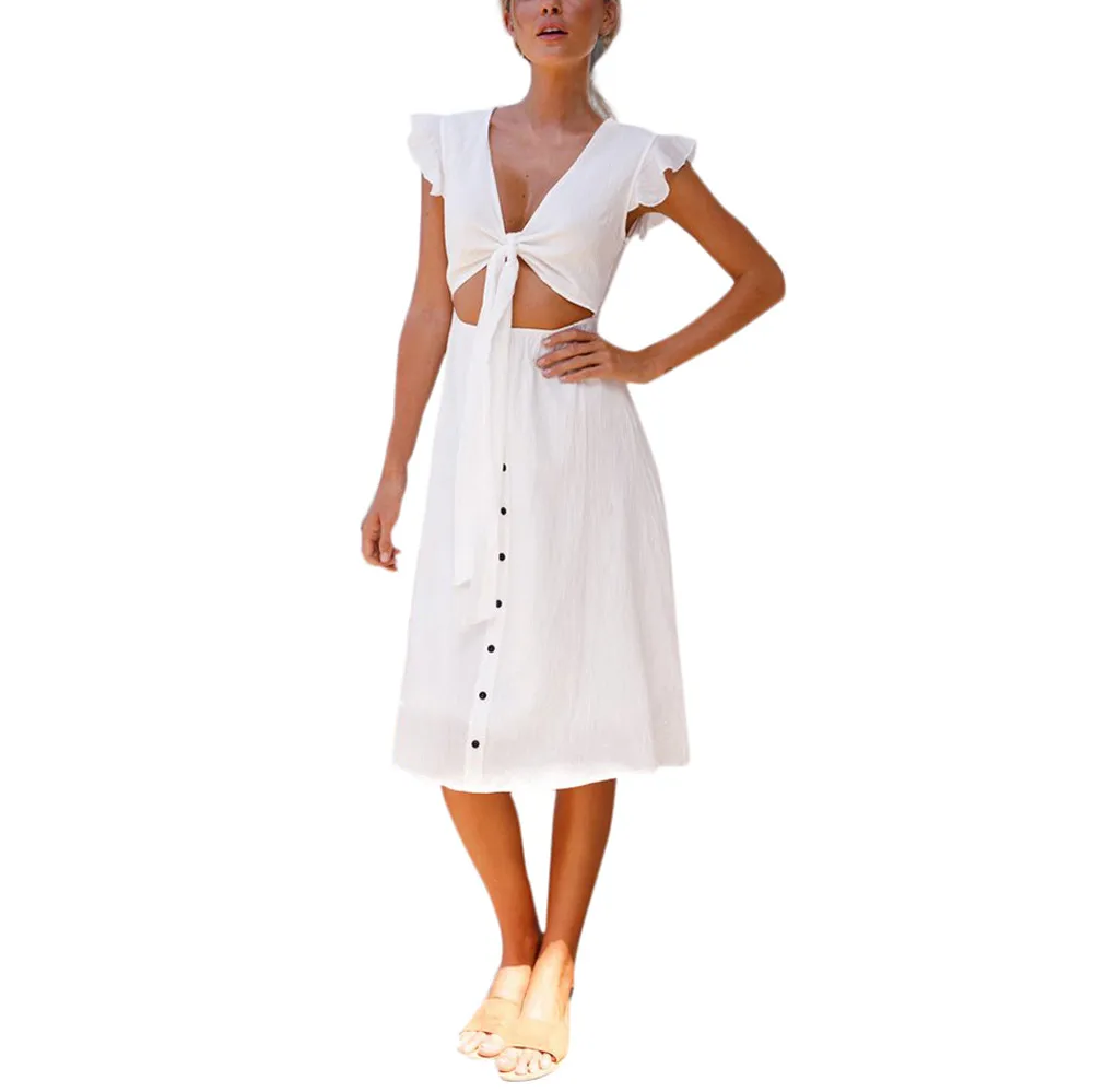 

Sexy deep V-neck solid color dress fashion trend dresses ruffled button sleeveless dresses bow fashion dress#D10