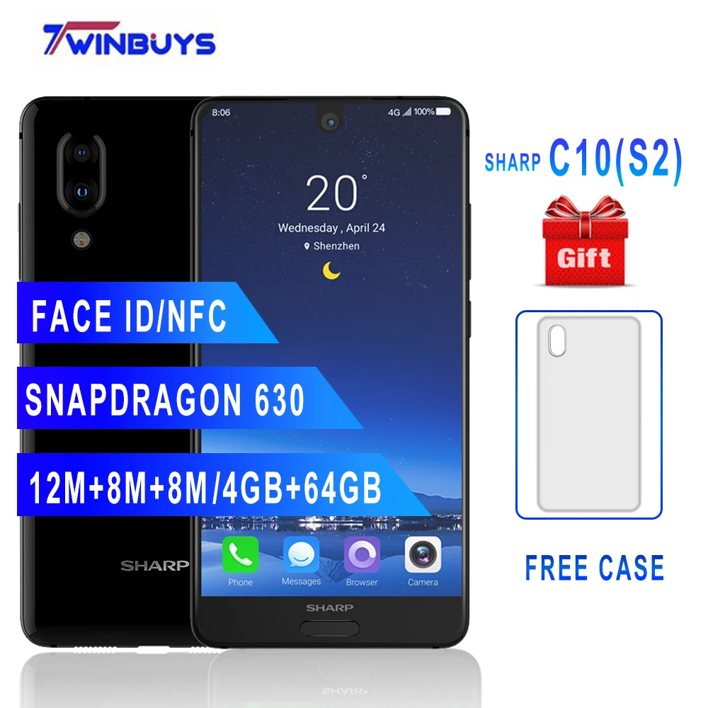 

Original SHARP AQUOS C10 S2 Smartphone 4GB+64GB face ID 5.5'' FHD+Snapdragon630 Octa Core Android 8.0 12MP 2700mAh mobile phone