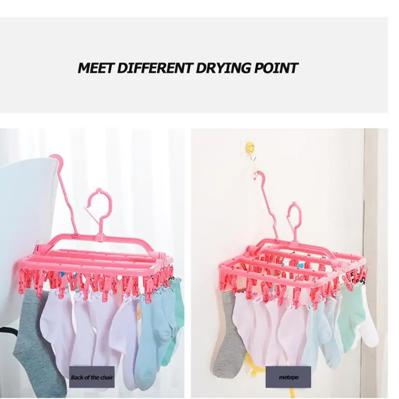 

32Clips Socks Clothes Drying Rack Portable Folding Cloth Hanger Holder for Household Bra Undewear Drying Racks Hooks Hanging