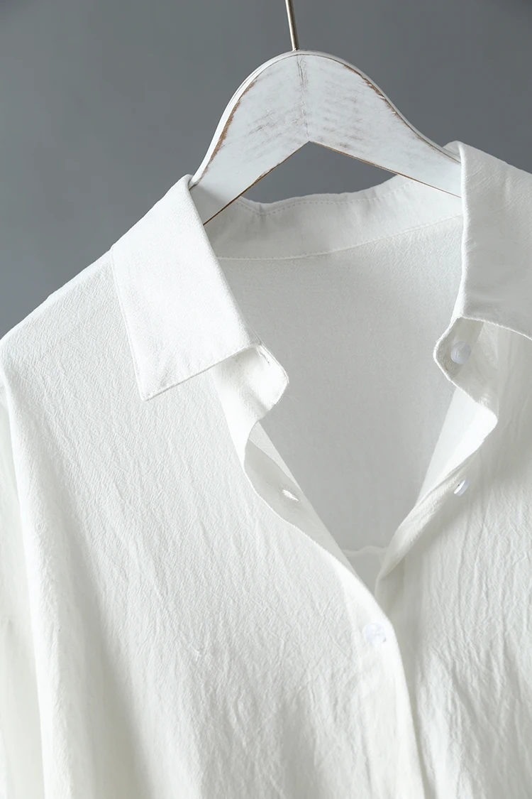 Новое поступление, Женская однотонная хлопковая белая блузка большого размера с рукавами «летучая мышь» и карманами, длинная рубашка с отложным воротником, повседневный Топ T96604F
