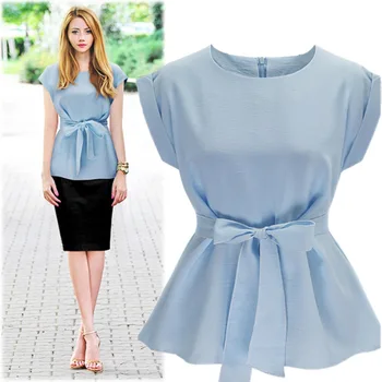 

Fashion Formal Shirts Navy Blue Cotton Bowtie Cap Sleeve women blouse and tops office Ladies Blouse Ruched O-neck Tops