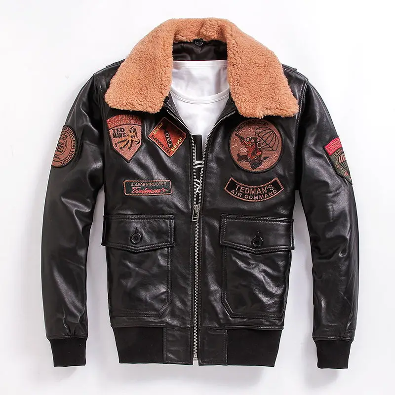 

HARLEY DAMSON Black Men Pilot Leather Jacket Wool Collar Europe Size XXXL Genuine Sheepskin Russian Military Aviator Coat