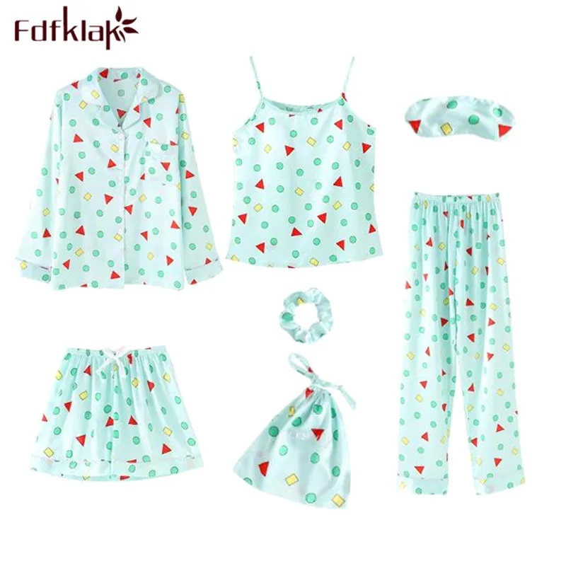 

7 Pieces set new print silk pajamas women long sleeve sleepwear pijamas female lounge home clothes women's nightwear pyjamas