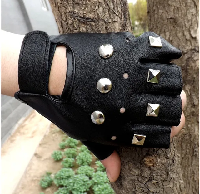 Joolscana men leather gloves fingerless glove with rivets half