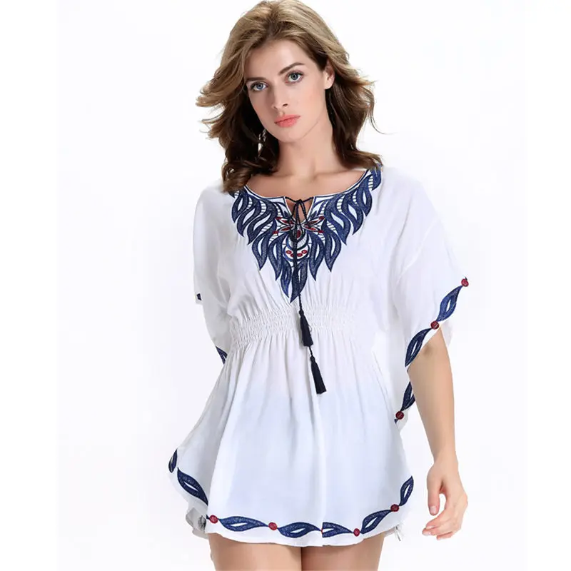 

Women shirts Summer Female Ethnic Mexican Loose Shirt Tops Boho Hippie Cotton Batwing Sleeve Vintage Woman Embroidery Blouse