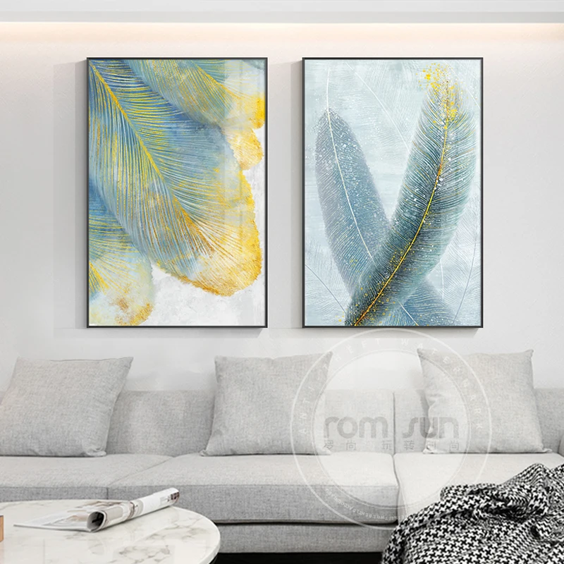 

Nordic Whit Yellow Feather Canvas Green Poster Print Modern Wall Art Picture Home Decor for Living Room Entrance Abstract Cuadro