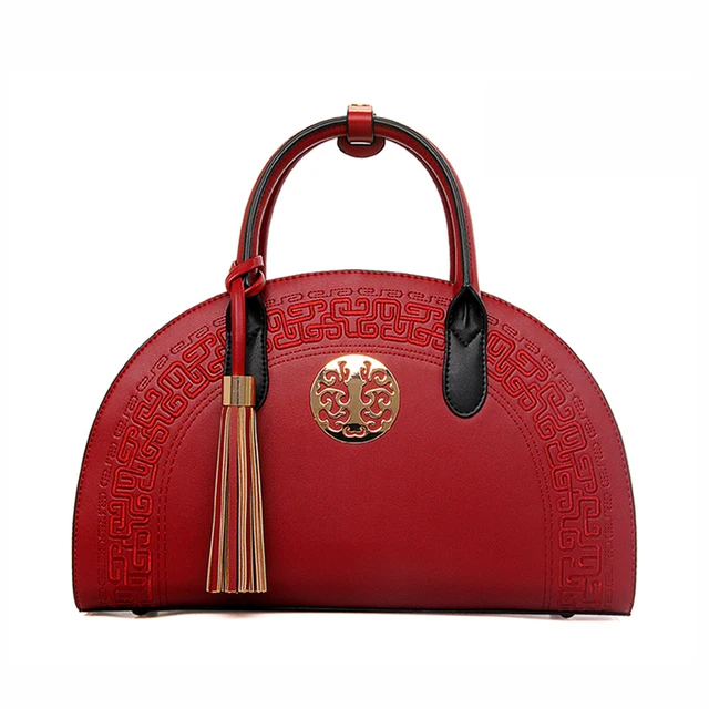 Women PU Leather Shoulder Bag Chinese Style Handbag Red Shell Bag
