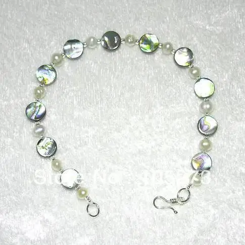 

New Arriver Jewellery Beautiful Abalone Shell Coin With White Freshwater Pearls Bracelet 7.5inch 2-8mm Wholesale Free Shipping