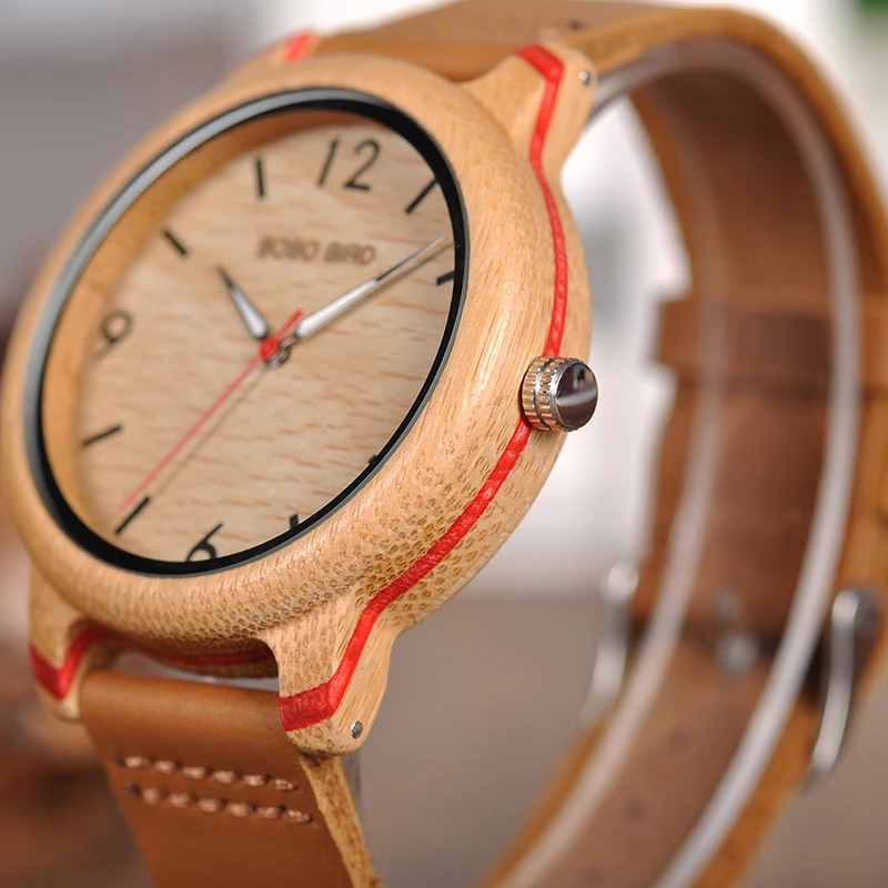 BOBO BIRD Bamboo Watches Leather band Watch Quartz Wristwatches Fashionable Timepieces for Men and Women C-aQ22