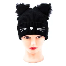 Модные милые осенне-зимние Повседневное Для женщин вышивка искусственного меха Кот уха Pattern шапка вязаные шапочки Теплая Зимняя шапка черный