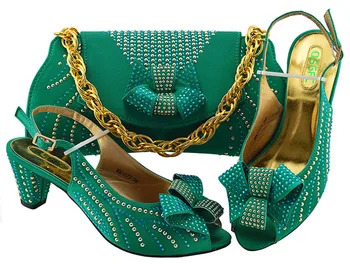 

2019 Italian Matching Shoes and Bag Set Teal Color Italy Shoe and Bag Set Decorated with Rhinestone African Women Italian MM1077