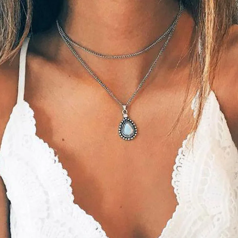 

2018 Vintage Ethnic Drop Crystal Pendant Multilayer Necklace Jewelry Wholesale new fashion accessory Female birthday