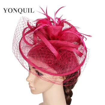 

Free ship 18 colors magenta sinamay material fascinator headwear women wedding kentucky headpiece with veils cocktail Event hats