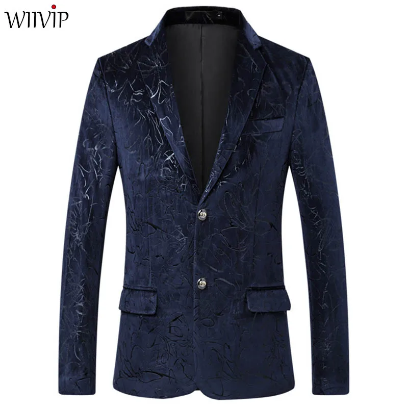 

Male Suite party Blazer Brand Design Men Casual Classic Blue Print Slim Fit Business Suit Jacket xz22