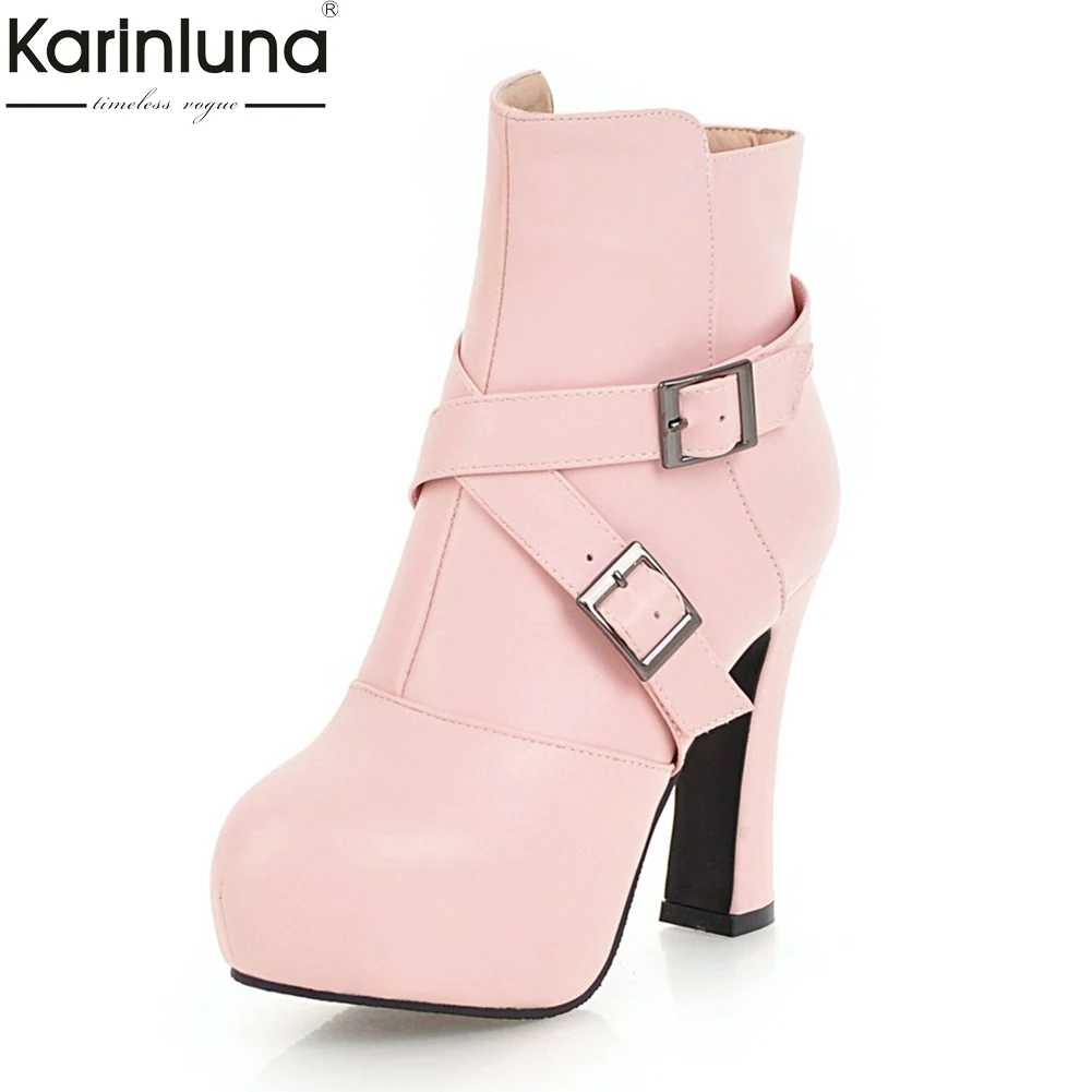 

KARINLUNA large size 33-43 elegant pink white black women's Shoes Woman buckles Boots office Winter woman ankle Boots women