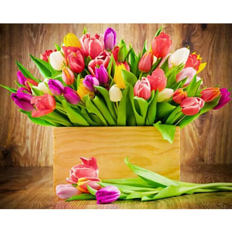 5D Diy Diamond Embroidery The Tulip Colorful Flowers Diamond Painting Cross Stitch Green Plants Restaurant Adornment Picture