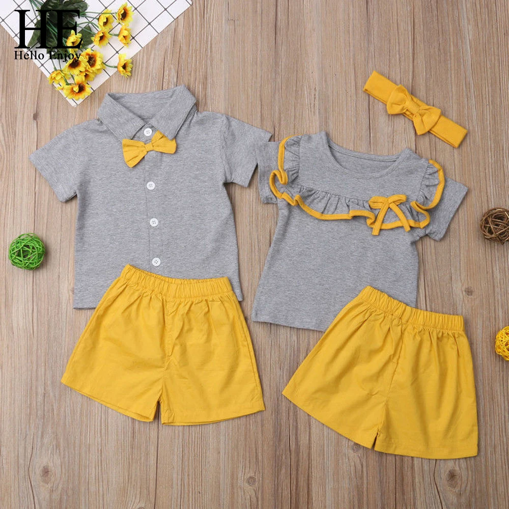 

HE Hello Enjoy Family Clothing Set Boys And Girls Clothing T-shirt+Yellow Shorts Family Matching Clothes Girls And Boys Clothes