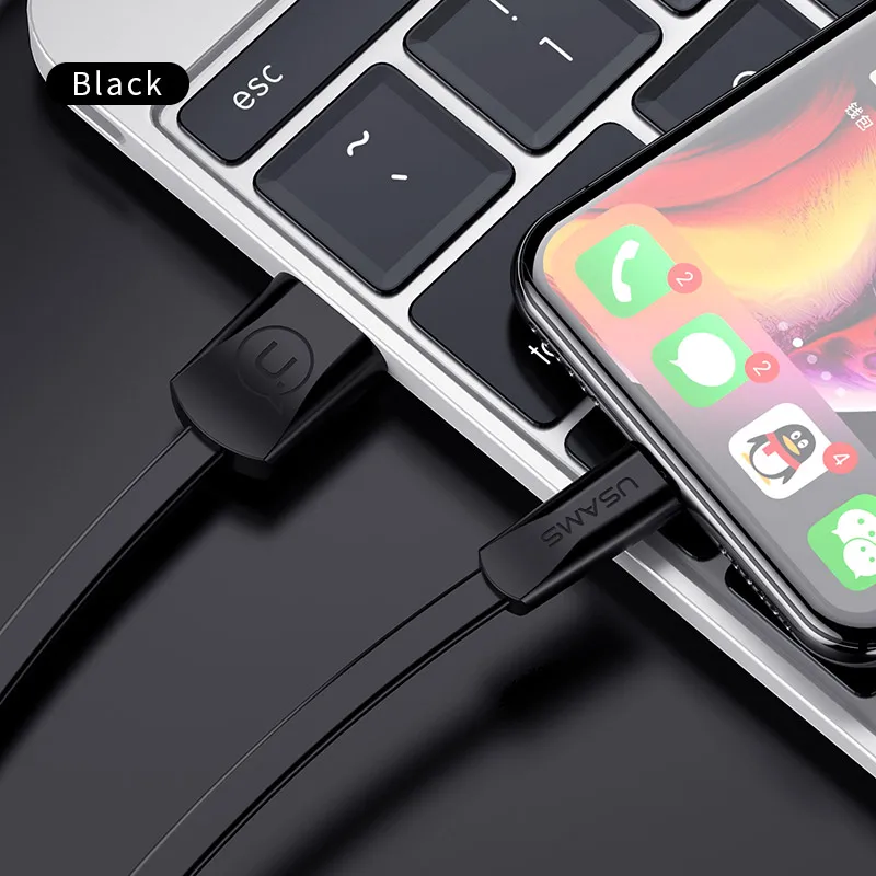 USAMS плоский USB кабель для iPhone 6 кабель 2A светильник кабель для iPhone X XS 8 7 6s 5S se 2 м кабель для мобильного телефона для iPad шнур для зарядки - Цвет: Черный