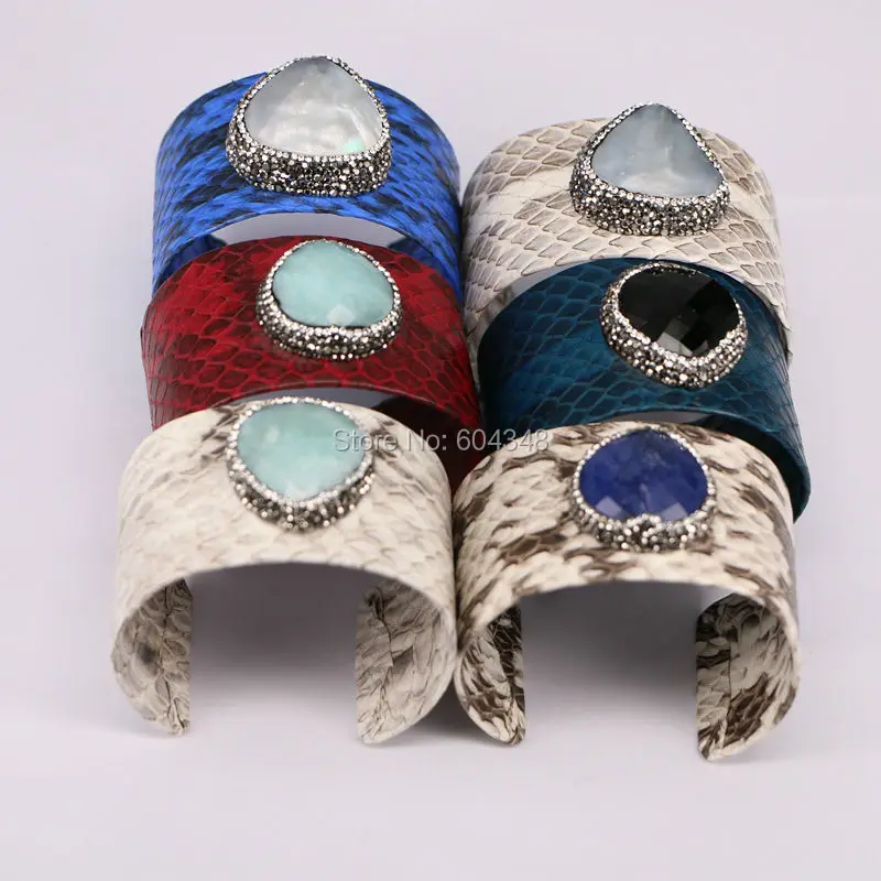 

5pcs Natural Shell Amazon Bangle Pave Crystal Genuine Leather 40mm Big Bangle Cuff Multi Color Snakeskin Fashion Jewelry