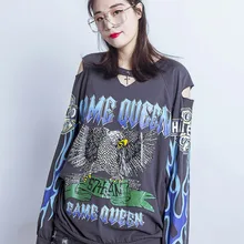 Уличный принт с героями мультфильмов, выдолбленные длинные рукава, футболка с длинными рукавами и средней горловиной, осень