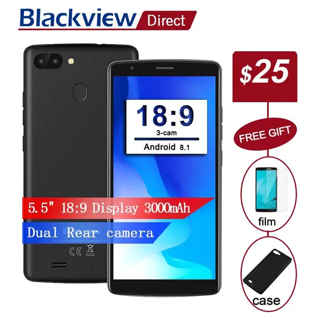 Cheap BLACKVIEW A20 Pro 4G smartphone 5.5'' 18:9 HD+ Dual Rear Camera 2GB+16GB Android 8.1 MTK6739 Quad core Fingerprint 3000mah phone