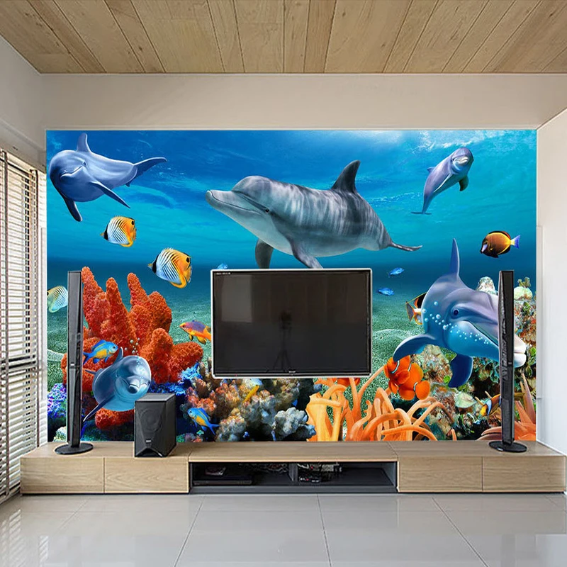 Custom 3D Mural Wallpaper For Kids Underwater Dolphin Fish Wall Paper Aquarium Wall Background Room Decor Kids' Bedding Room