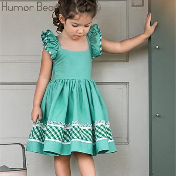 

Humor Bear New Summer Children's Dress girls flying sleeve dress baby plaid Open back strap Baby Girls Dress Kids Clothing