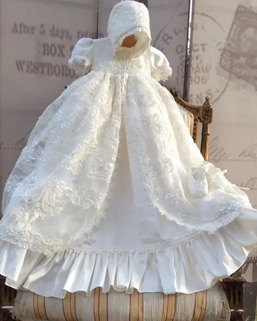 Cheap 2016 Hot sale Lolita Christening Gown Handmade Baby Girl Baptism Dresses Lace Applique With bonnet
